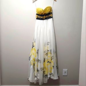 Yellow Black & White Evening Gown- Strapless Sweetheart Floral